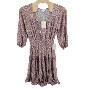Bohme Dress Womens XL Rust/Brick Medallion Smocked Waist Tassel Boho FD5827